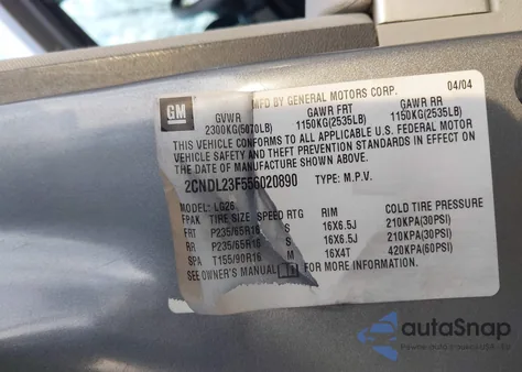 2005 Chevrolet Equinox Ls из США, поврежденный, VIN 2CNDL23F556020890